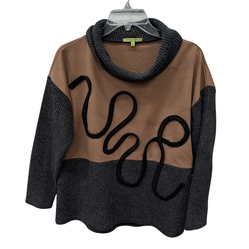 Trisha Tyler Cowl Neck Colorblock Abstract Art To‎ Wear Sweater Tan Gray- M